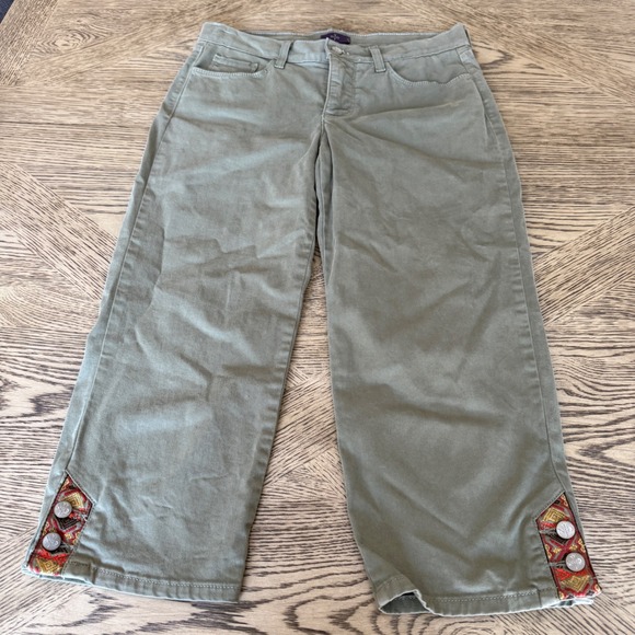 NYDJ Pants - NYDJ Olive Green Cropped Pants Embroidered Hem Button Detail Size 2
